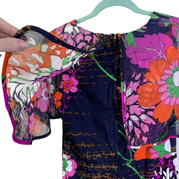 ERO Vintage Navy Blue Multi-Color Floral‎ Print Cotton Maxi Dress - Picture 9 of 13